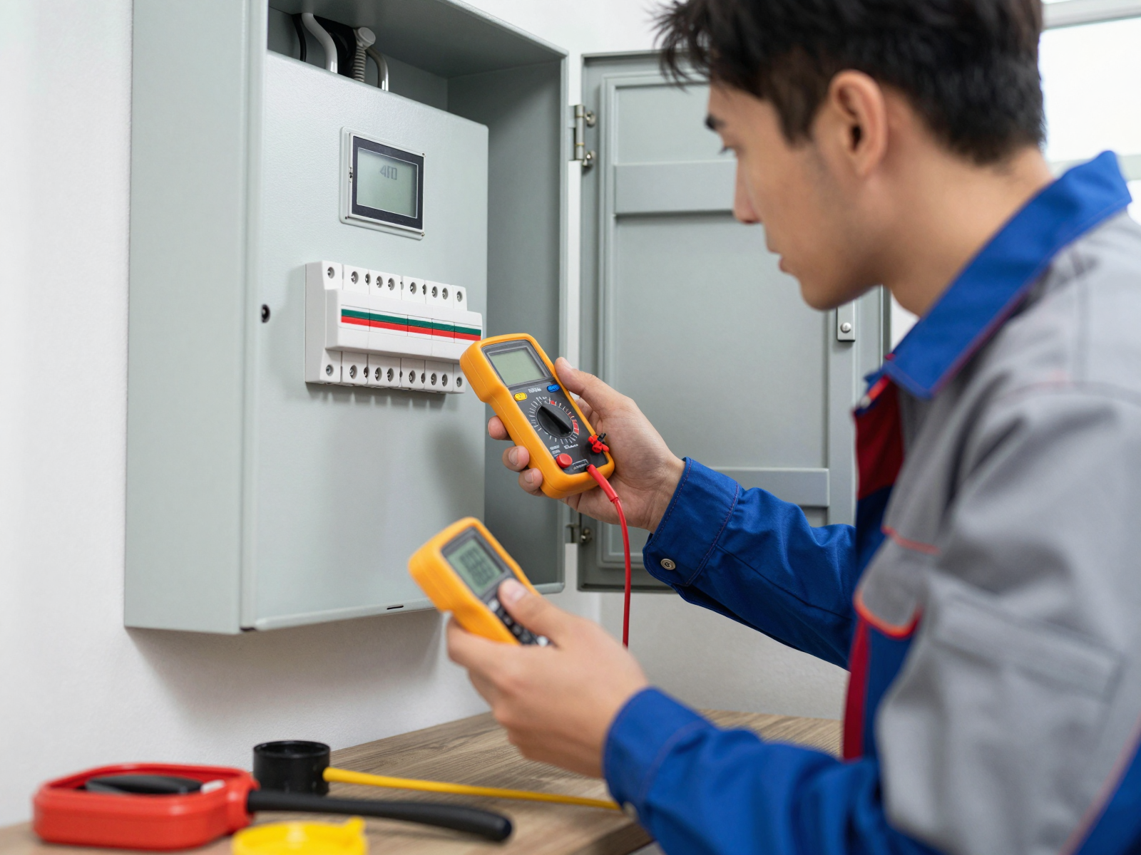 Professional electrician inspecting a residential electrical panel